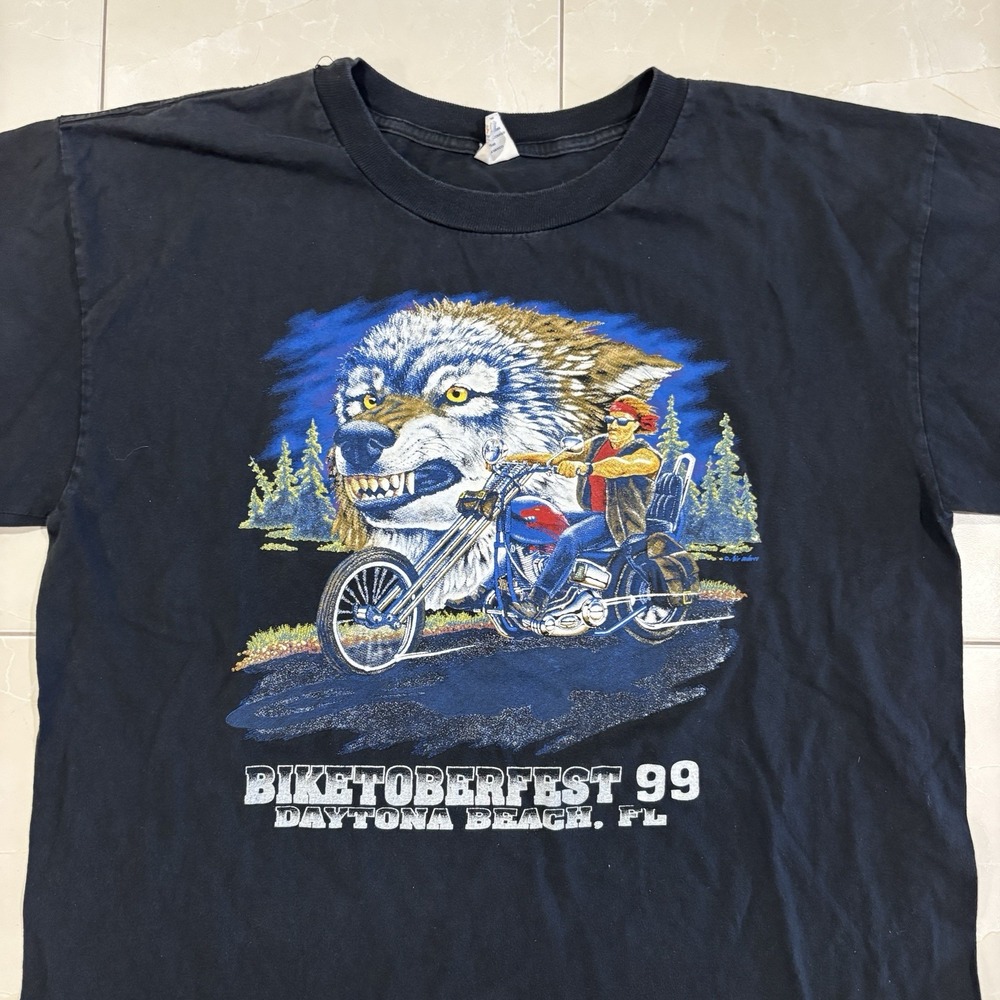 Vintage 90s Biketober Fest Biker T Shirt Men's L Black Faded USA Eagle Wolf